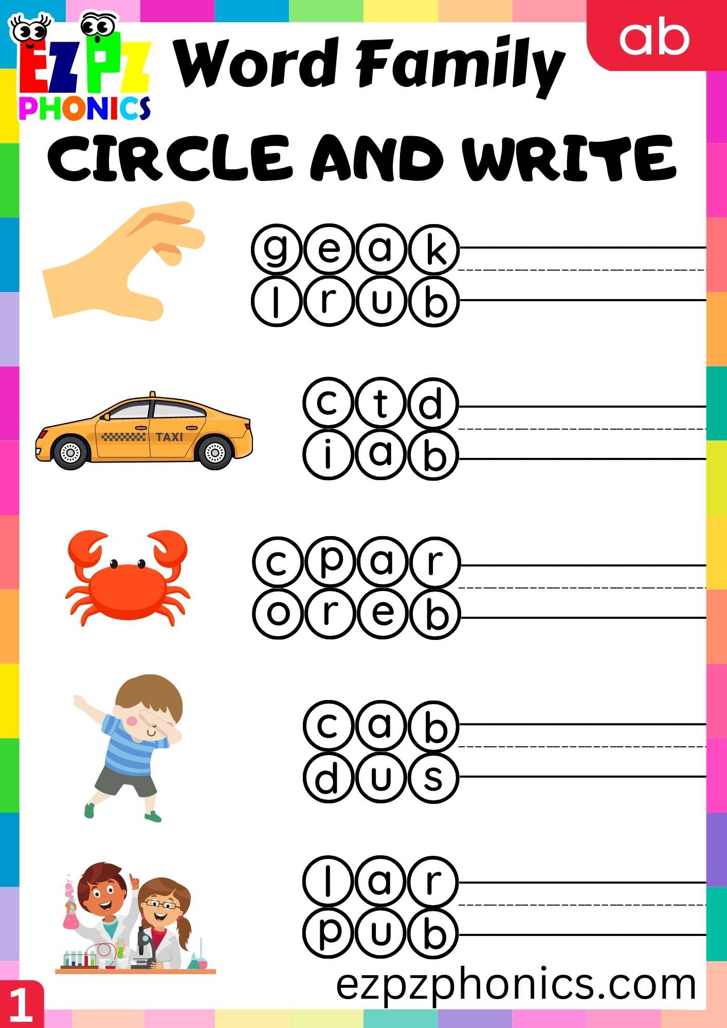 AB Words Circle And Write Phonics Word Families Worksheet